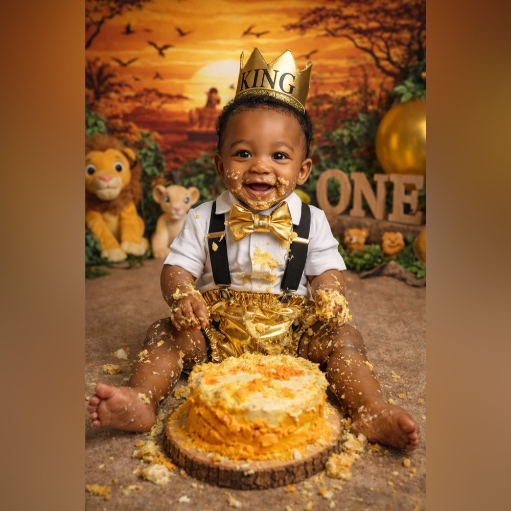 Gold animal theme cake smash Baby Outfit Bow Tie, bloomers, crown, suspenders